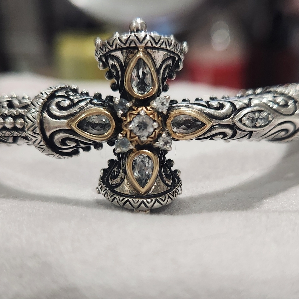 Barbara Bixby Bold .925 Silver, 18k Gold w/ White Topaz Gemstone Hinged Cuff - Picture 4 of 11